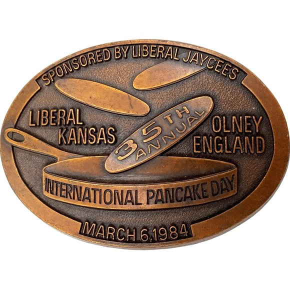 Other - International Pancake Day Belt Buckle Liberal Kansas Olney England 1984 Vintage